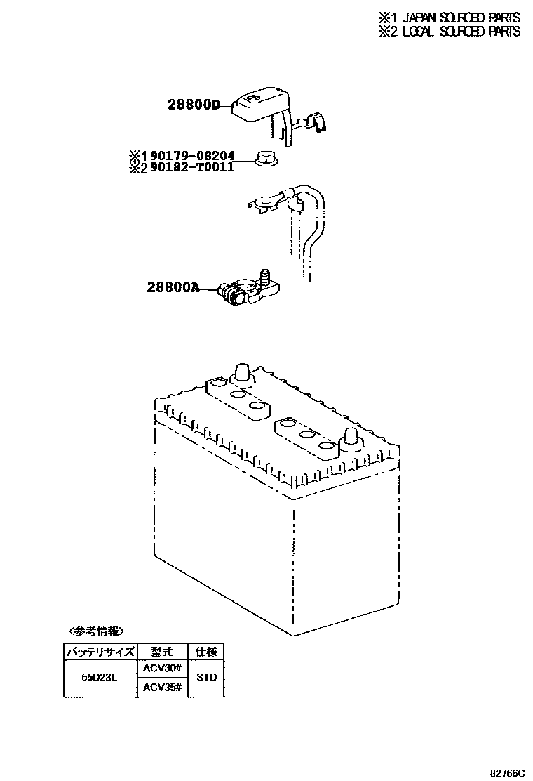 Toyota CAMRY 蓄电池和蓄电池电缆 EPC diagram — 822766C