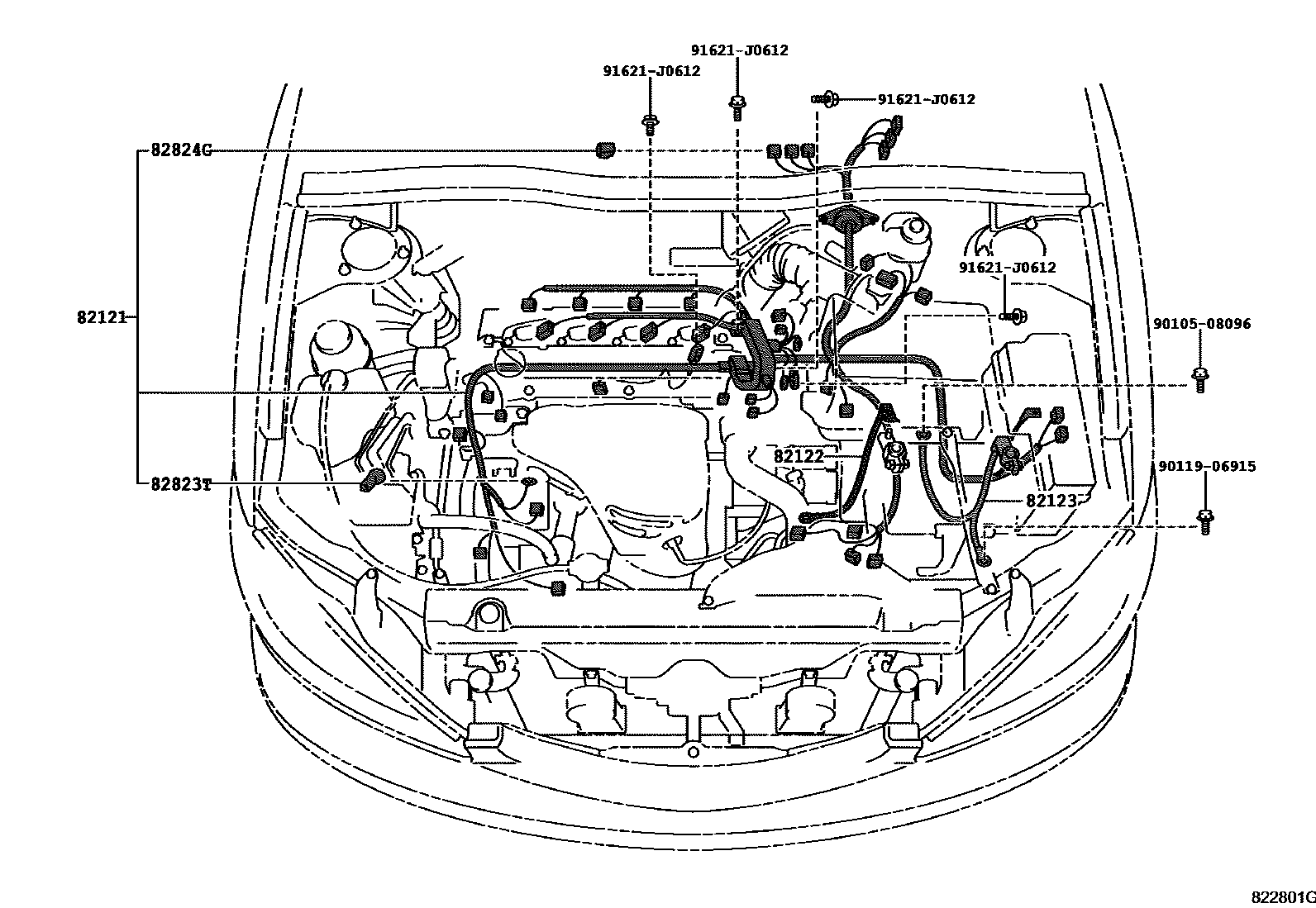 Toyota CAMRY 线束和卡夹 EPC diagram — 822801G