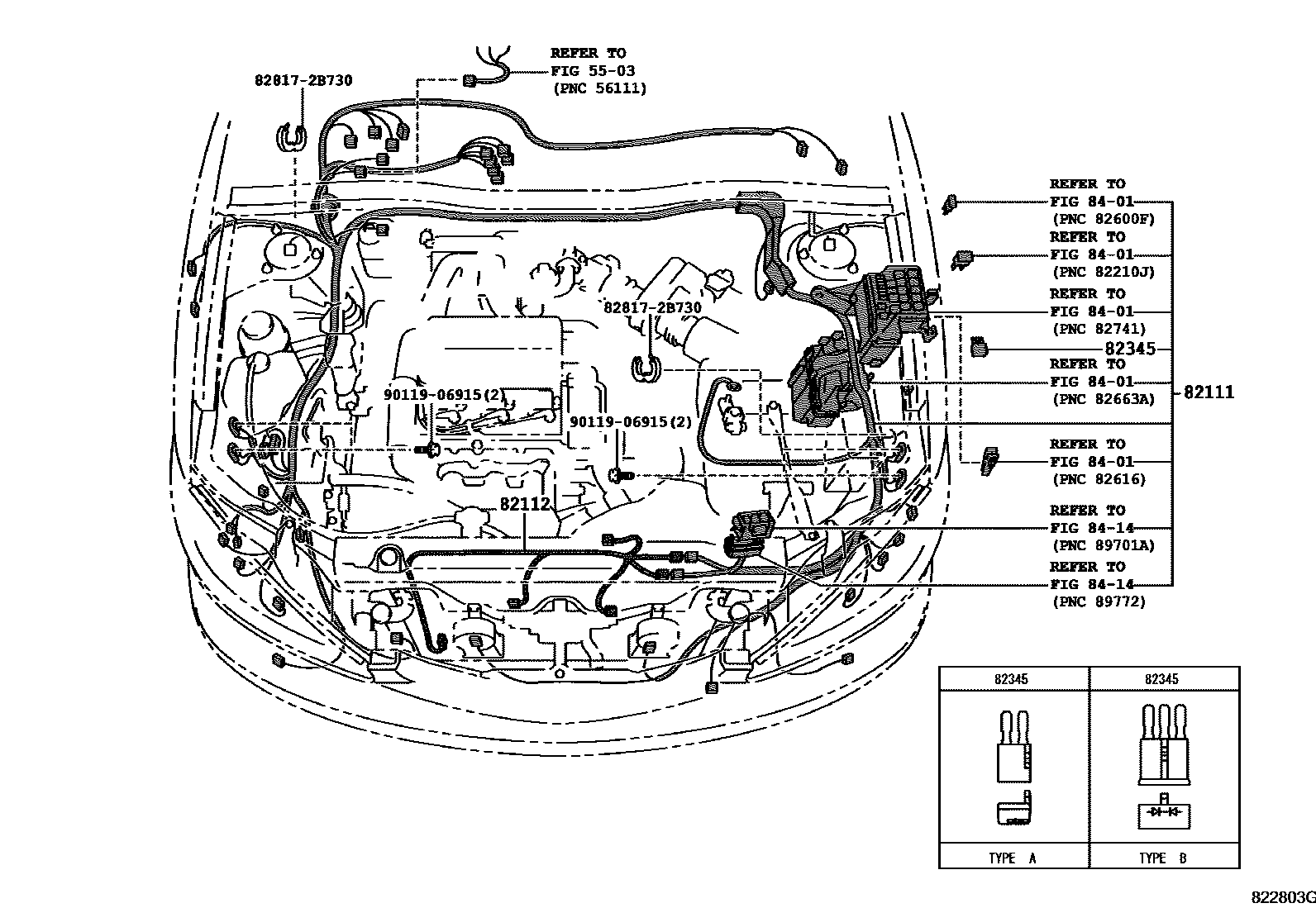 Toyota CAMRY 线束和卡夹 EPC diagram — 822803G