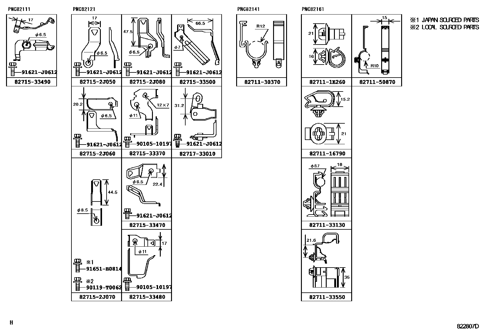 Toyota CAMRY 线束和卡夹 EPC diagram — 822807D