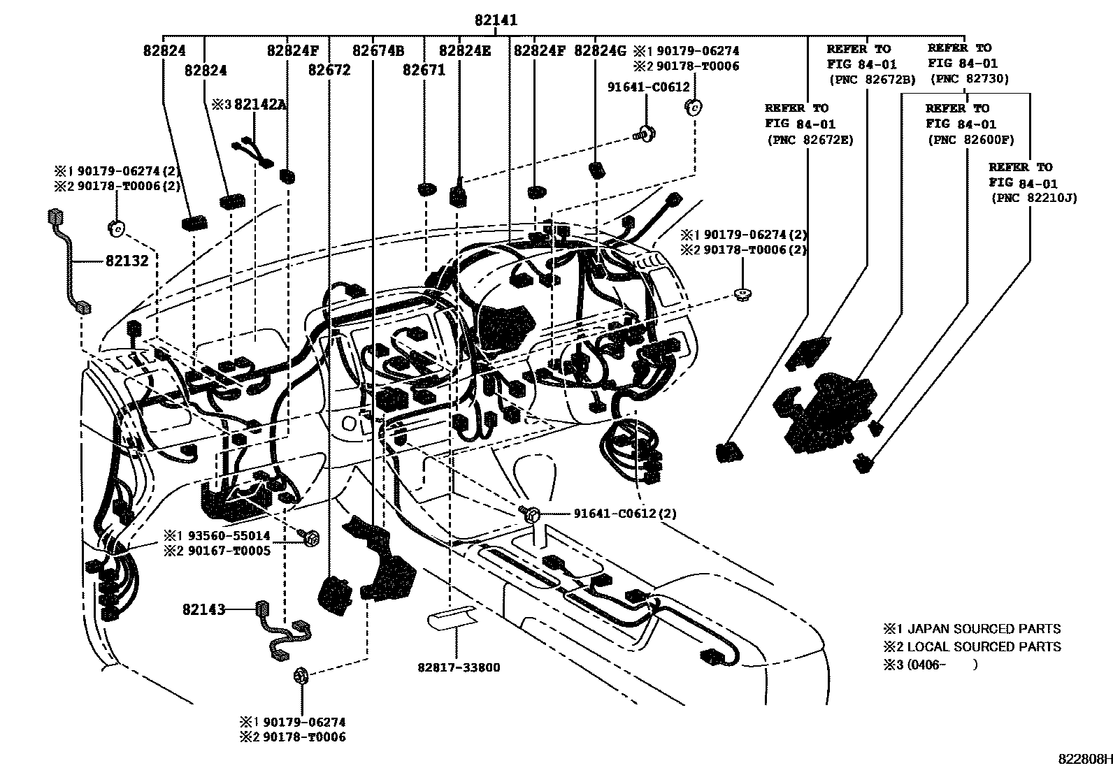 Toyota CAMRY 线束和卡夹 EPC diagram — 822808H