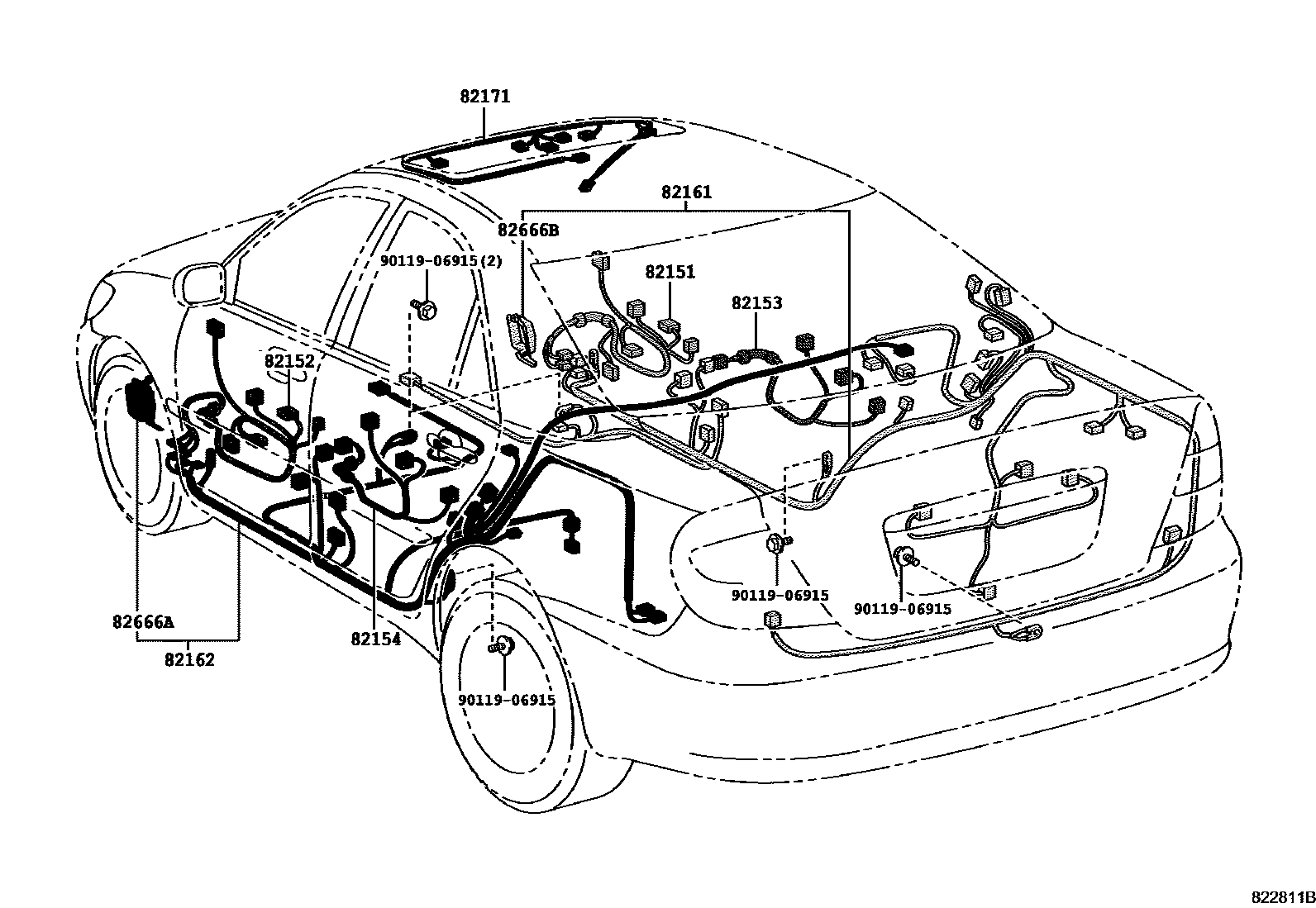 Toyota CAMRY 线束和卡夹 EPC diagram — 822811B