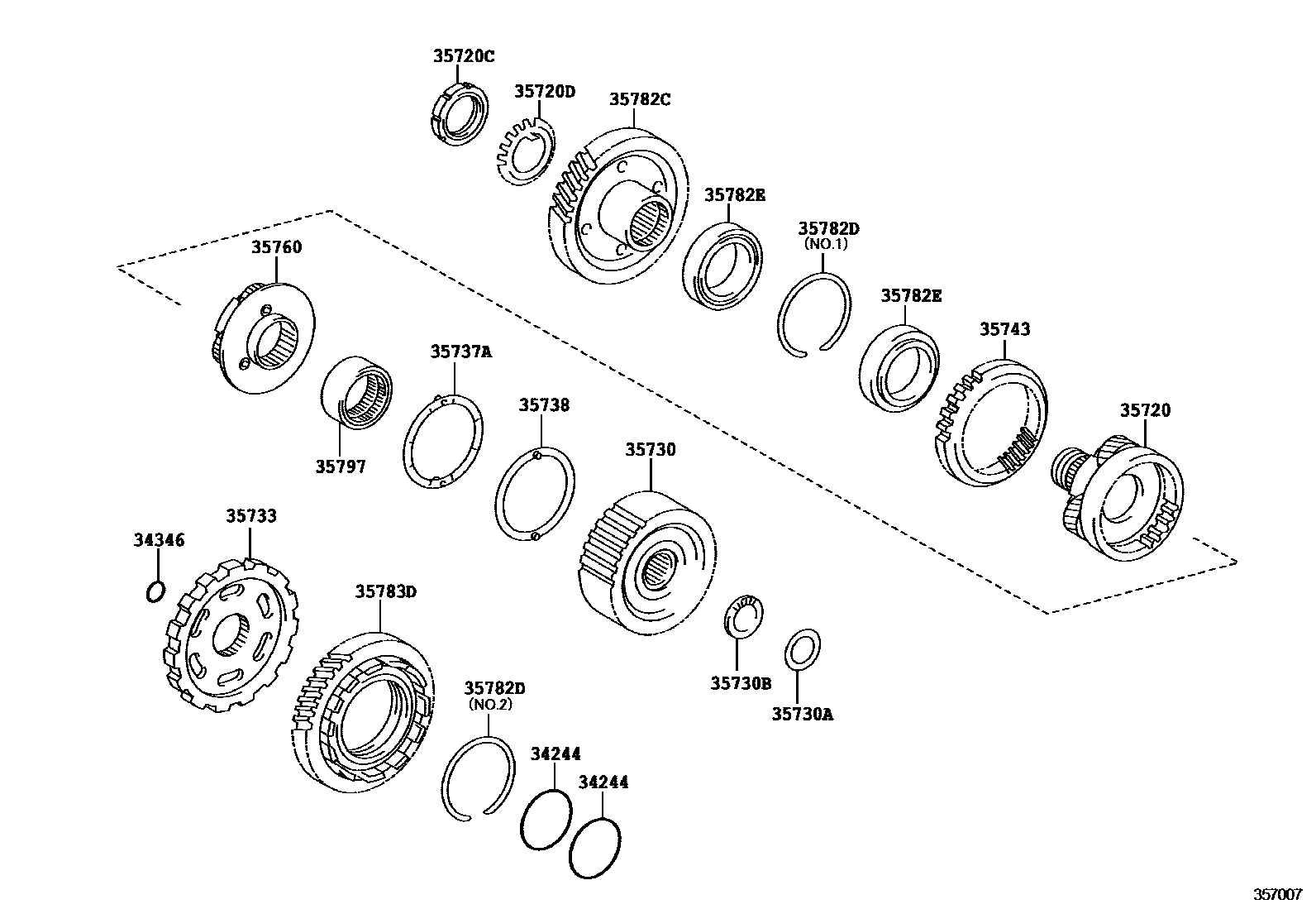 Toyota CAMRY 行星齿轮、倒档活塞和中间轴齿轮(ATM) EPC diagram — 357007