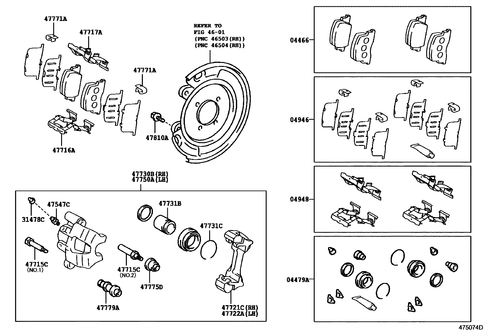 Toyota CAMRY 后盘式制动器卡钳和防尘罩 EPC diagram — 475074D