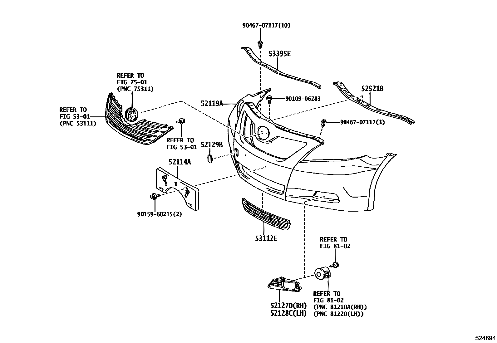 Toyota CAMRY 前保险杠及附件 EPC diagram — 524694