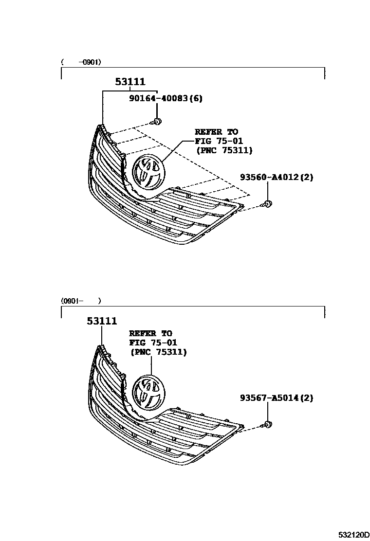 Toyota CAMRY radiator grille EPC diagram — 532120D
