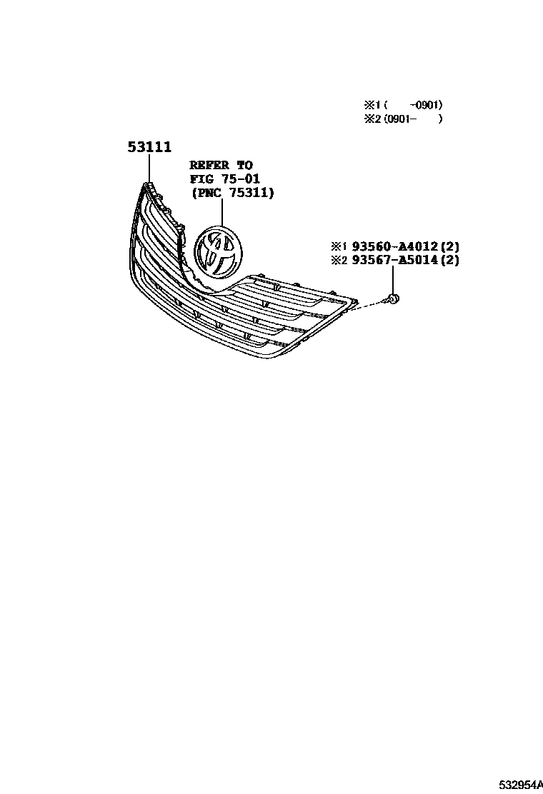 Toyota CAMRY radiator grille EPC diagram — 532954A