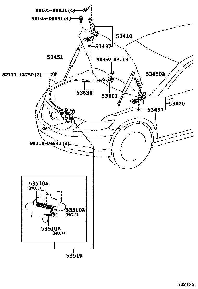 Toyota CAMRY 发动机盖锁和铰链 EPC diagram — 532122