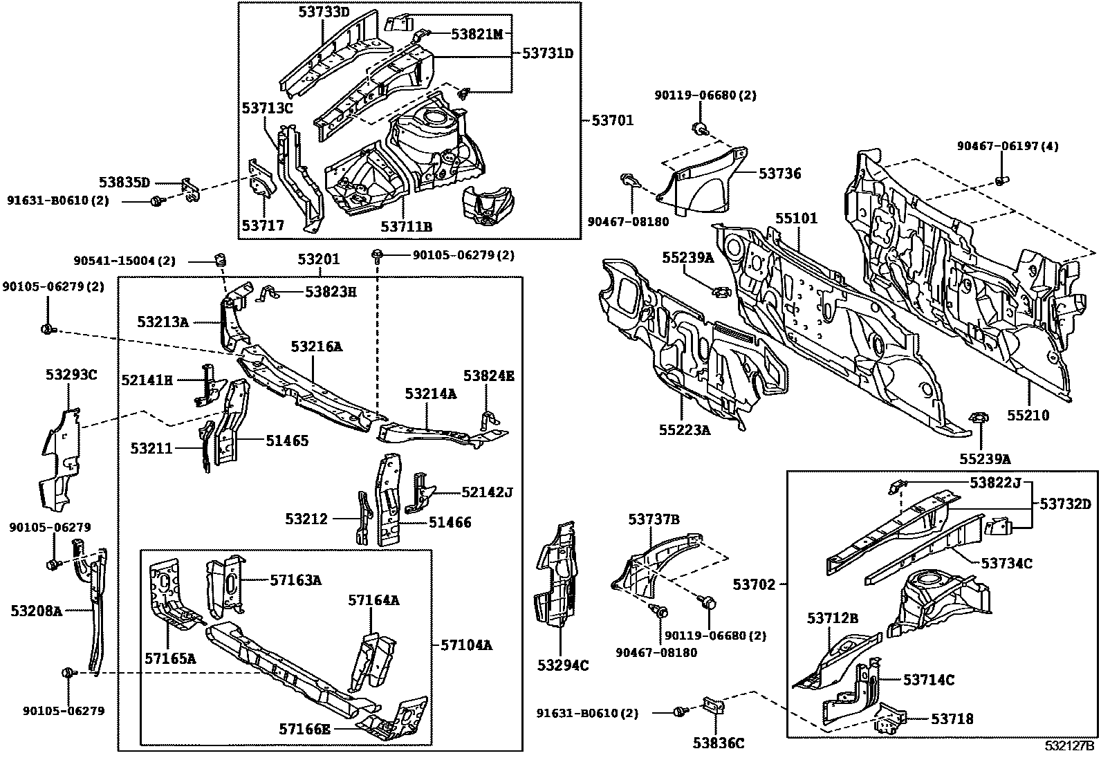Toyota CAMRY 前翼子板挡泥板和前围板 EPC diagram — 532127B