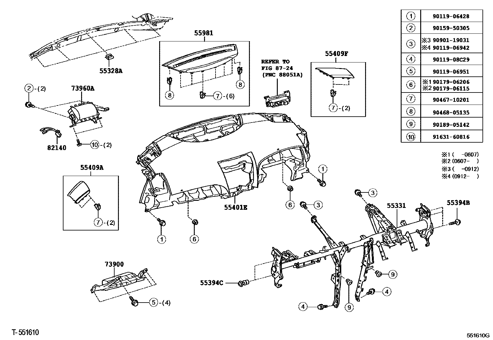 Toyota CAMRY 仪表板和手套箱 EPC diagram — 551610G