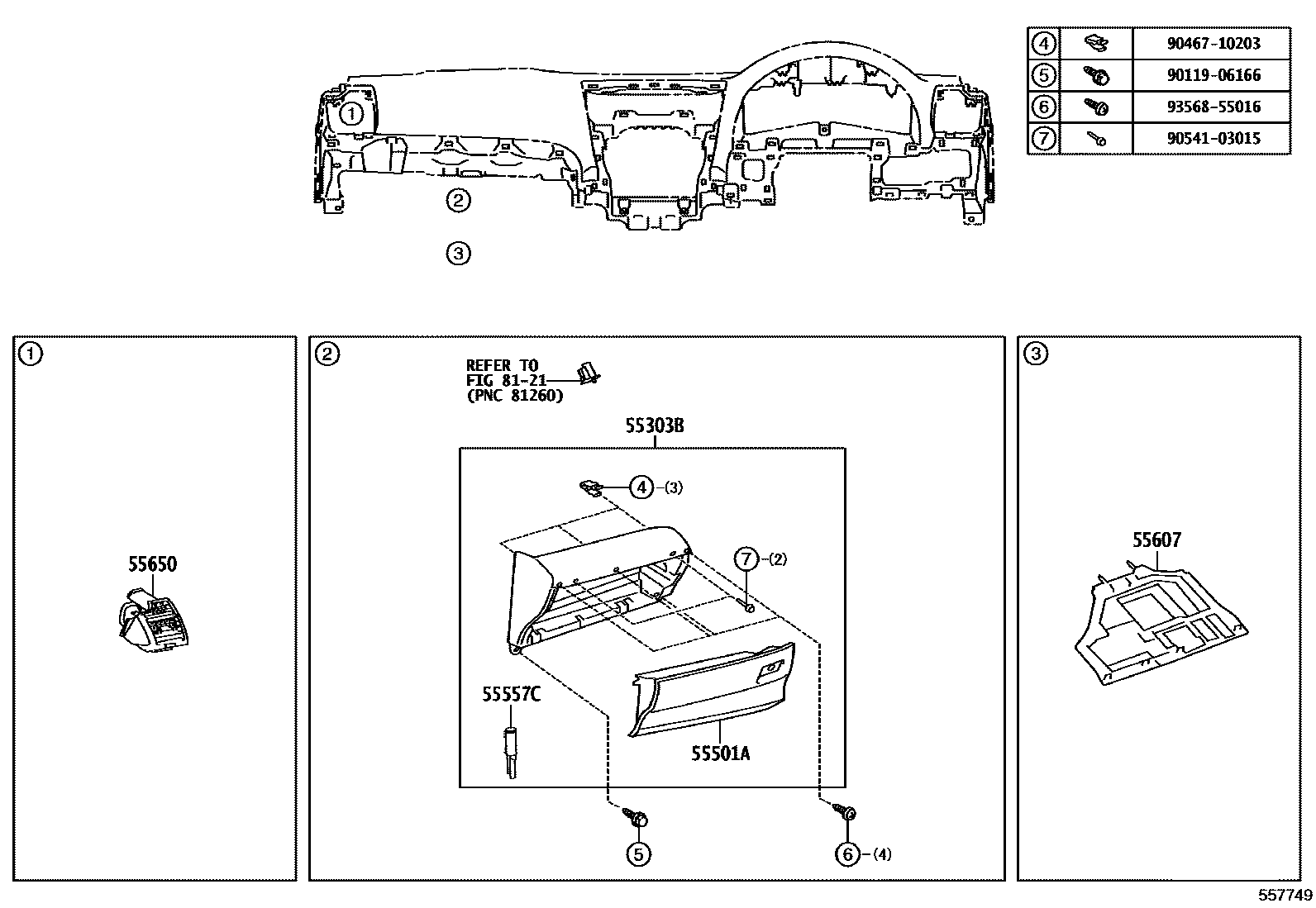 Toyota CAMRY 仪表板和手套箱 EPC diagram — 557749