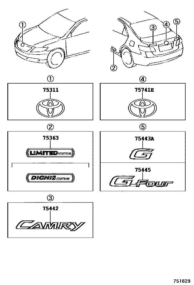 Toyota CAMRY 丰田徽标和铭牌(车外和车内) EPC diagram — 751629