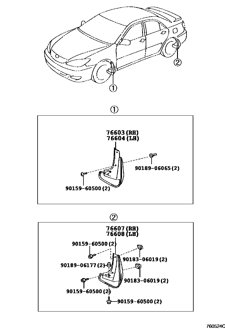 Toyota CAMRY 挡泥板和扰流板 EPC diagram — 760524C