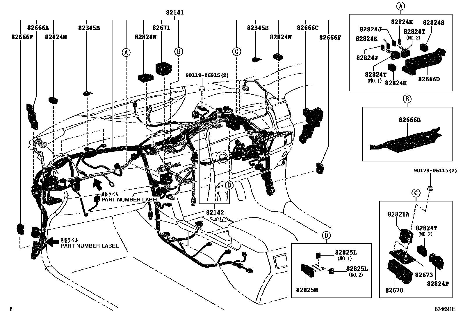 Toyota CAMRY 线束和卡夹 EPC diagram — 824691E