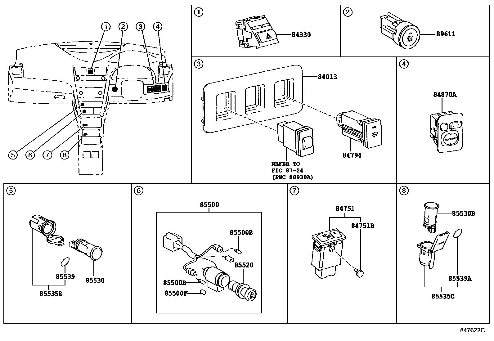 Toyota CAMRY 开关和继电器和ECU EPC diagram — 847622C