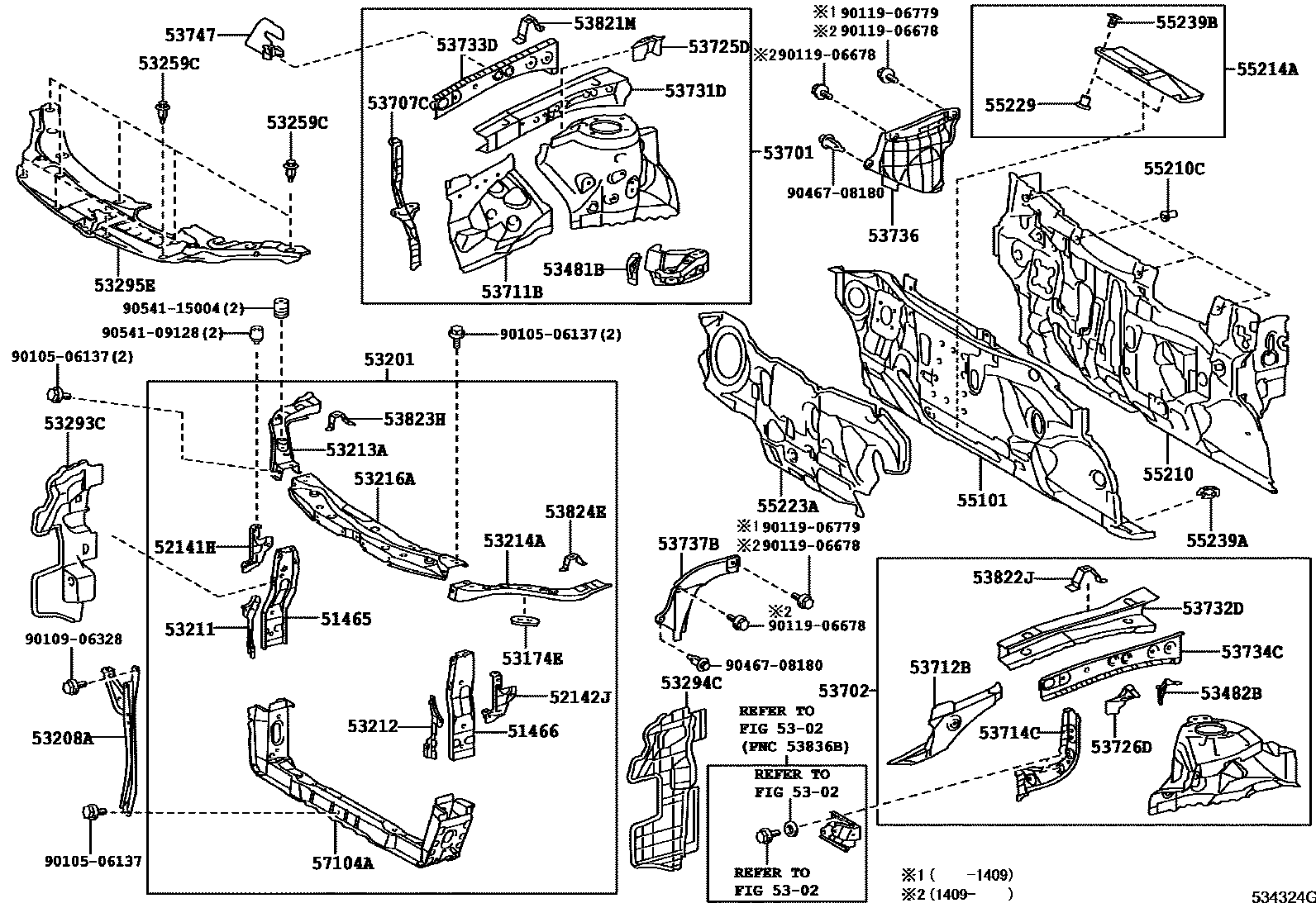 Toyota CAMRY 前翼子板挡泥板和前围板 EPC diagram — 534324G