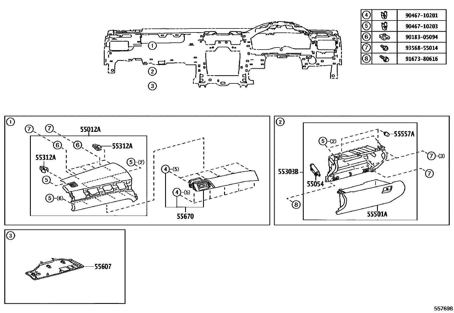 Toyota CAMRY 仪表板和手套箱 EPC diagram — 557698