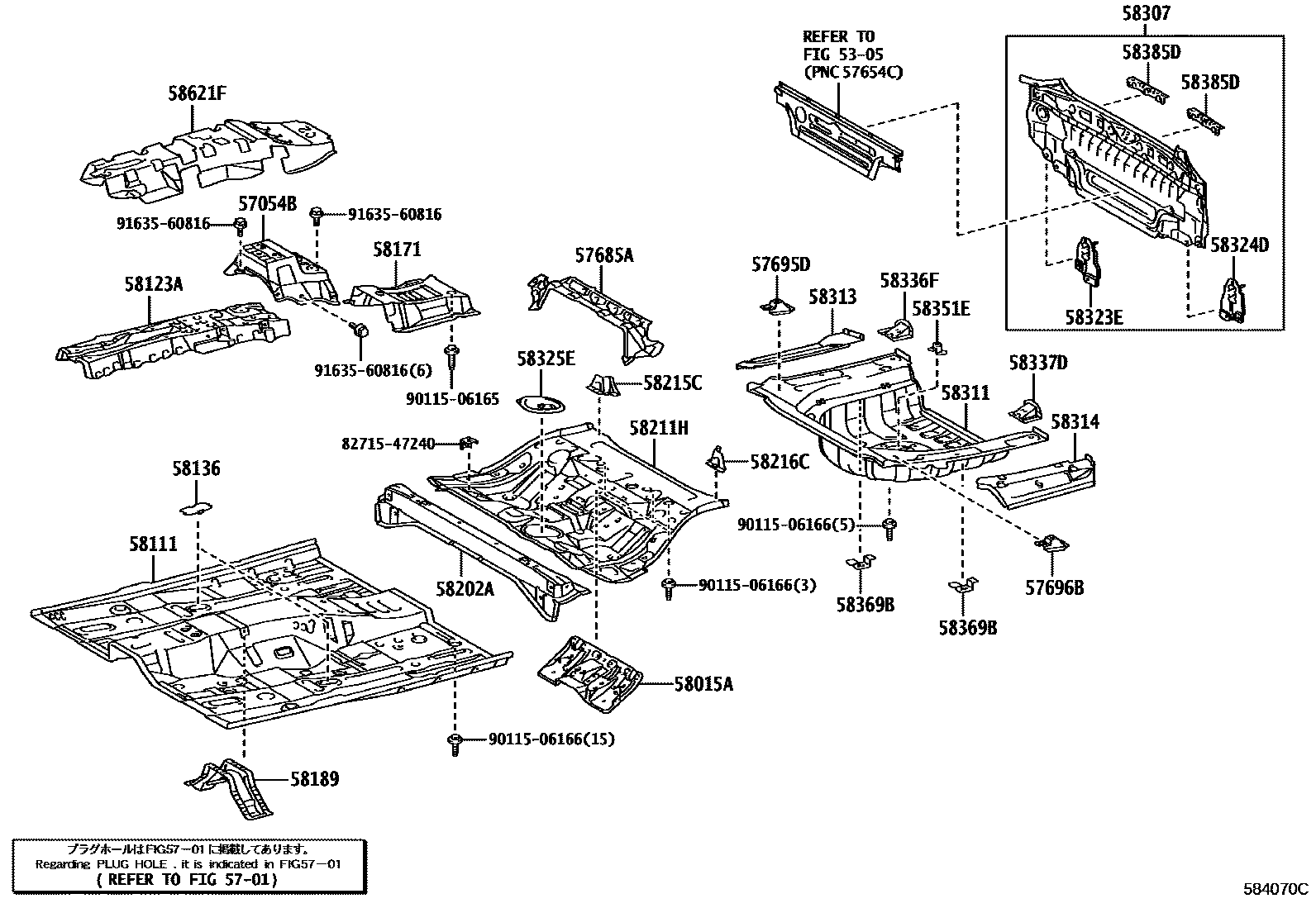 Toyota CAMRY 浅盘形地板和车身下背板 EPC diagram — 584070C