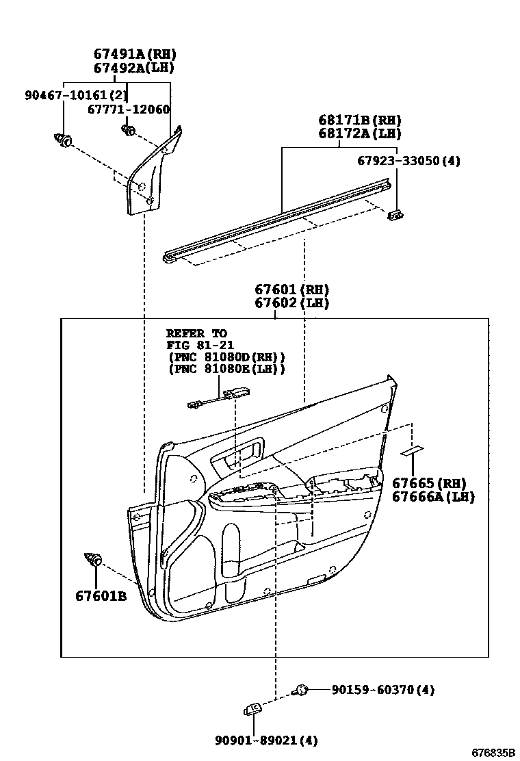 Toyota CAMRY 前门板和前门玻璃 EPC diagram — 676835B