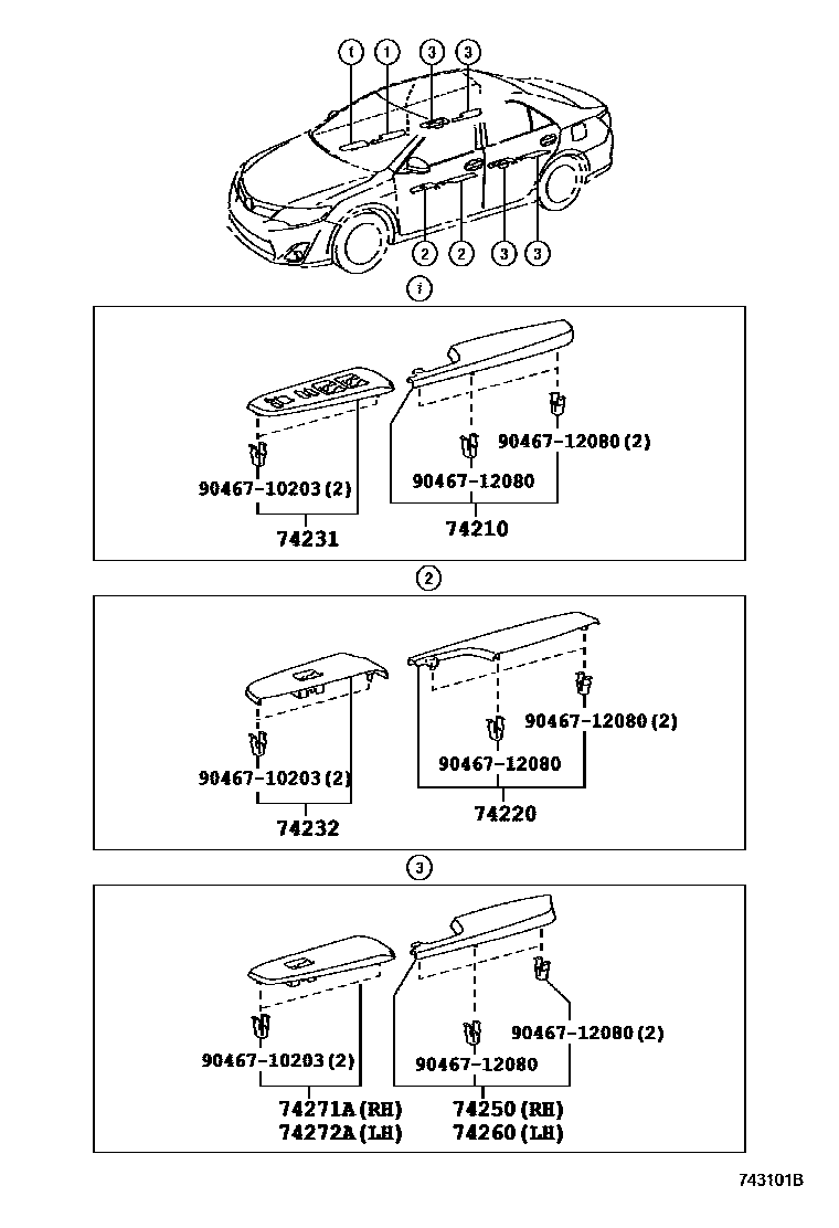 Toyota CAMRY 扶手和遮阳板 EPC diagram — 743101B