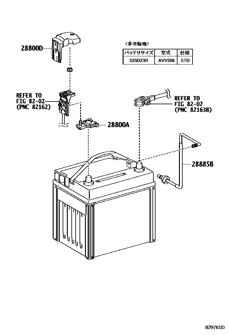Toyota CAMRY 蓄电池和蓄电池电缆 EPC diagram — 829761D