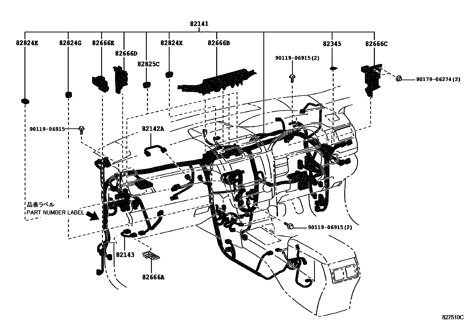 Toyota CAMRY 线束和卡夹 EPC diagram — 827510C
