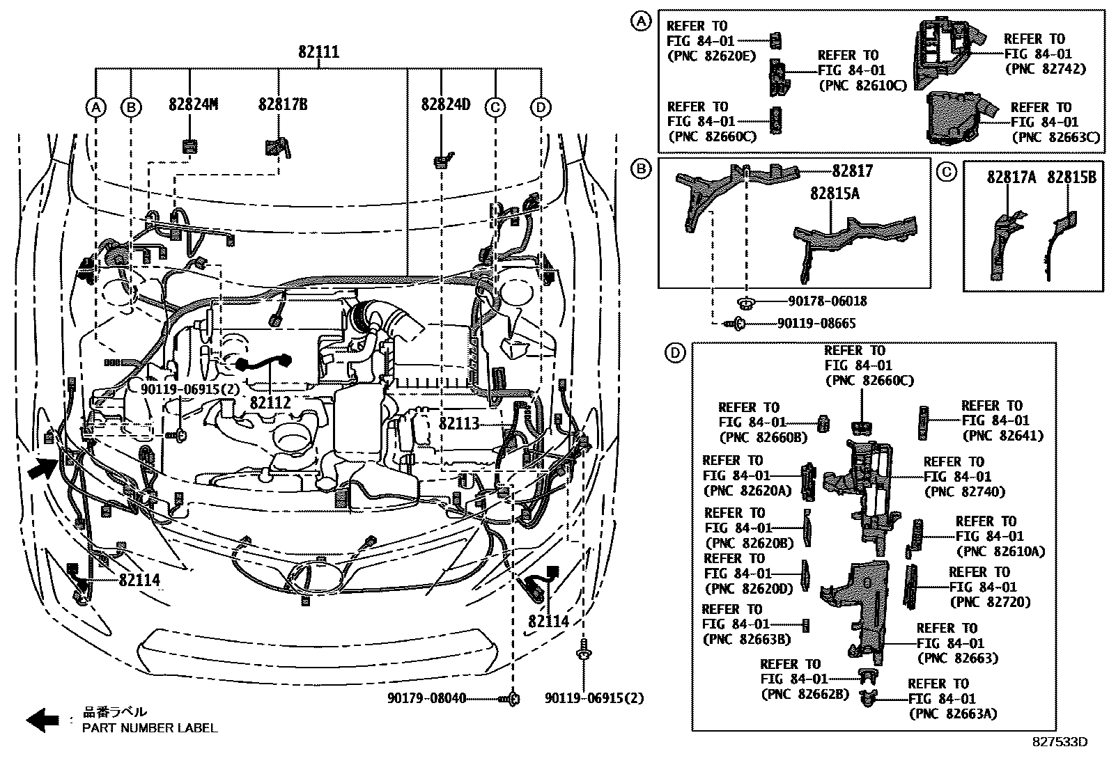 Toyota CAMRY 线束和卡夹 EPC diagram — 827533D