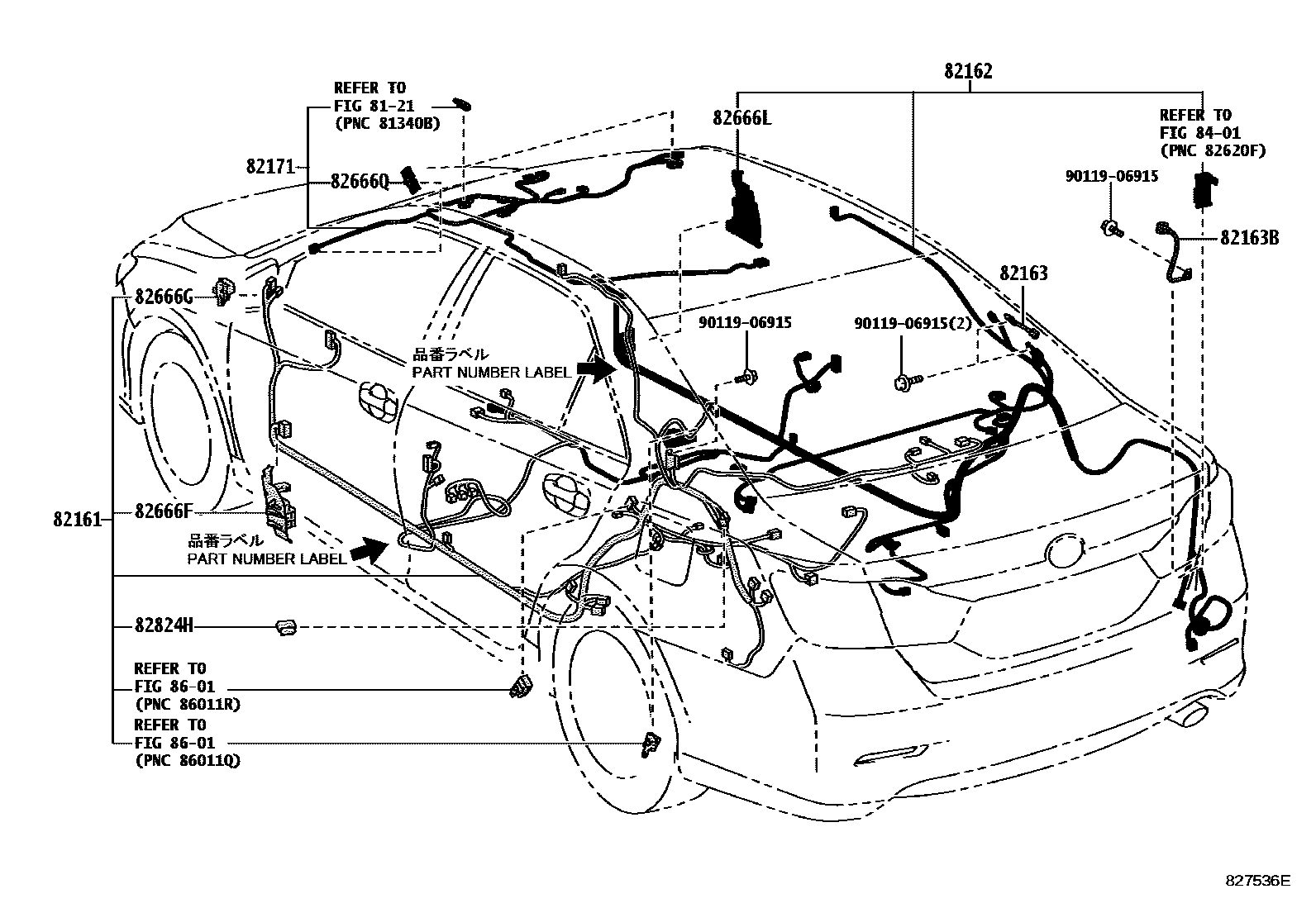 Toyota CAMRY 线束和卡夹 EPC diagram — 827536E
