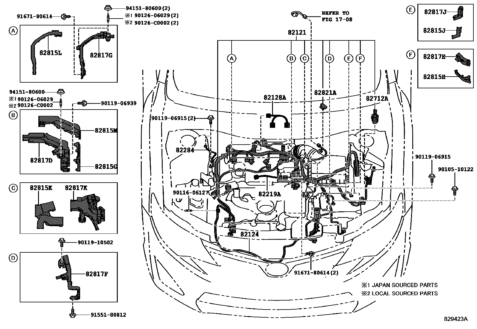 Toyota CAMRY 线束和卡夹 EPC diagram — 829423A