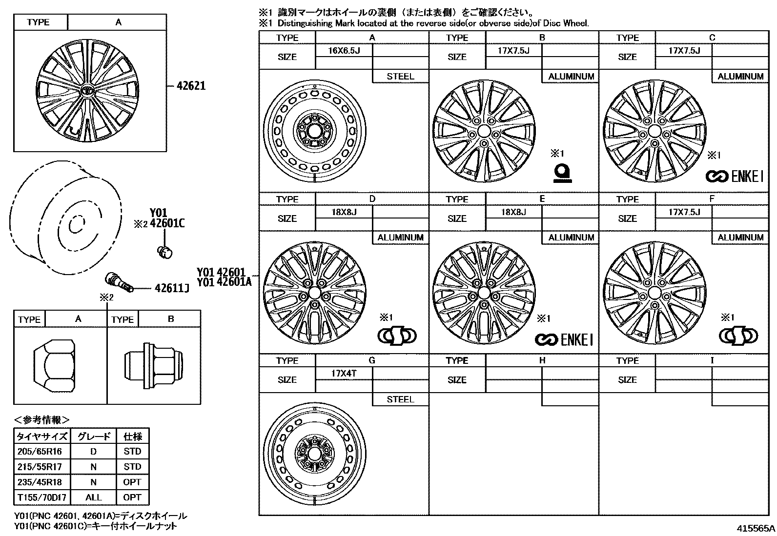 Toyota CAMRY 车轮和车轮盖 EPC diagram — 415565A