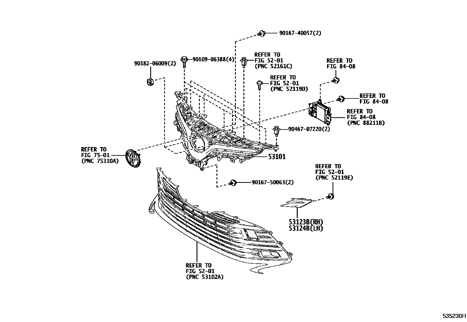 Toyota CAMRY radiator grille EPC diagram — 535230H