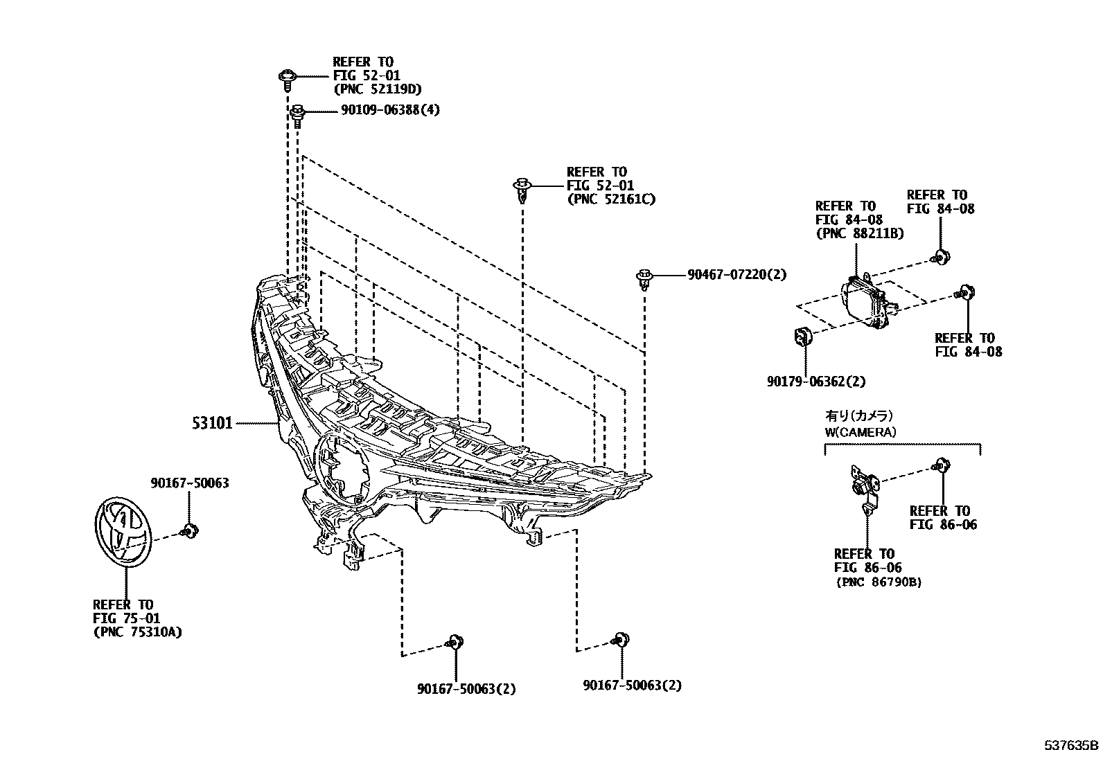 Toyota CAMRY radiator grille EPC diagram — 537635B