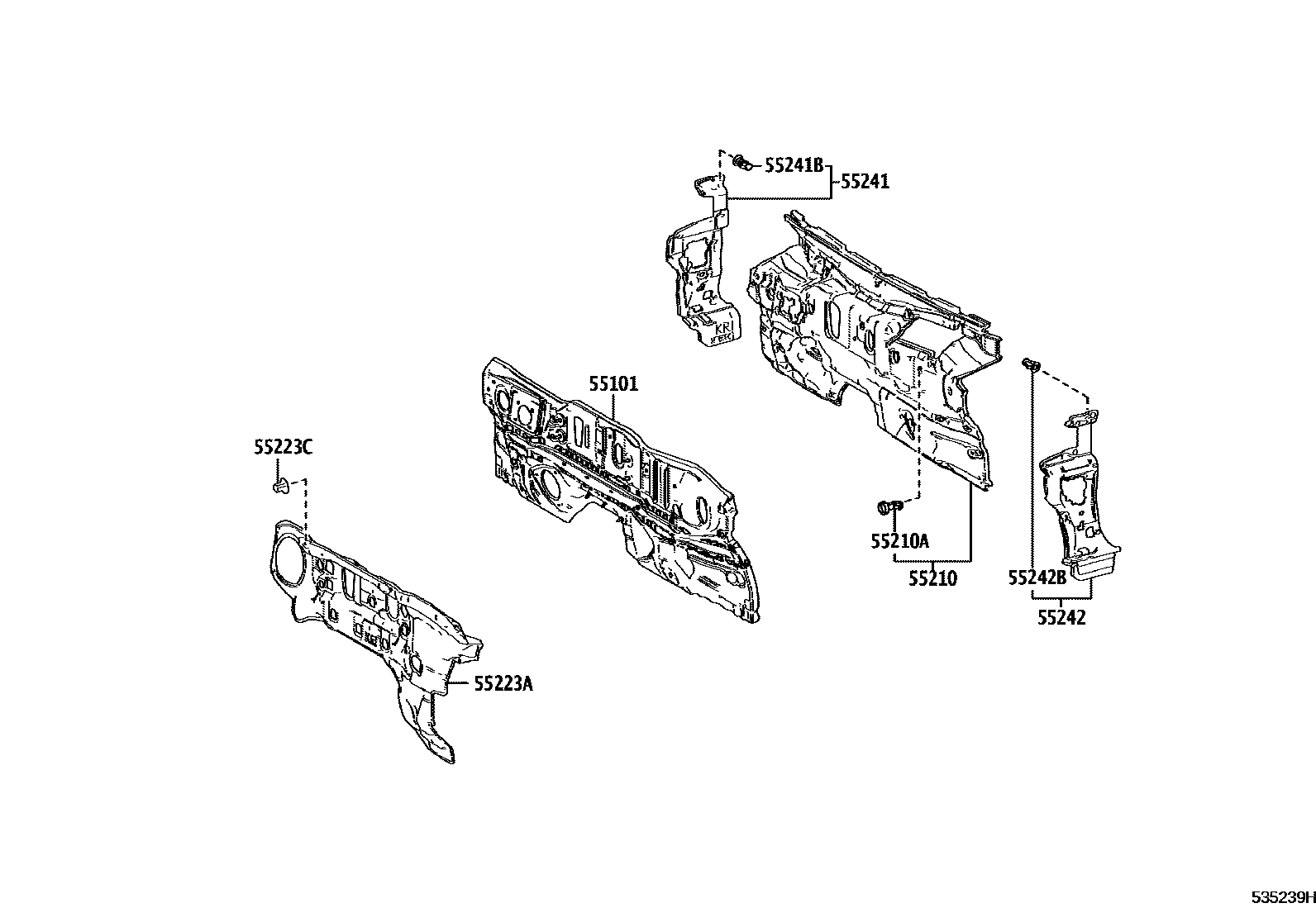 Toyota CAMRY 前翼子板挡泥板和前围板 EPC diagram — 535239H