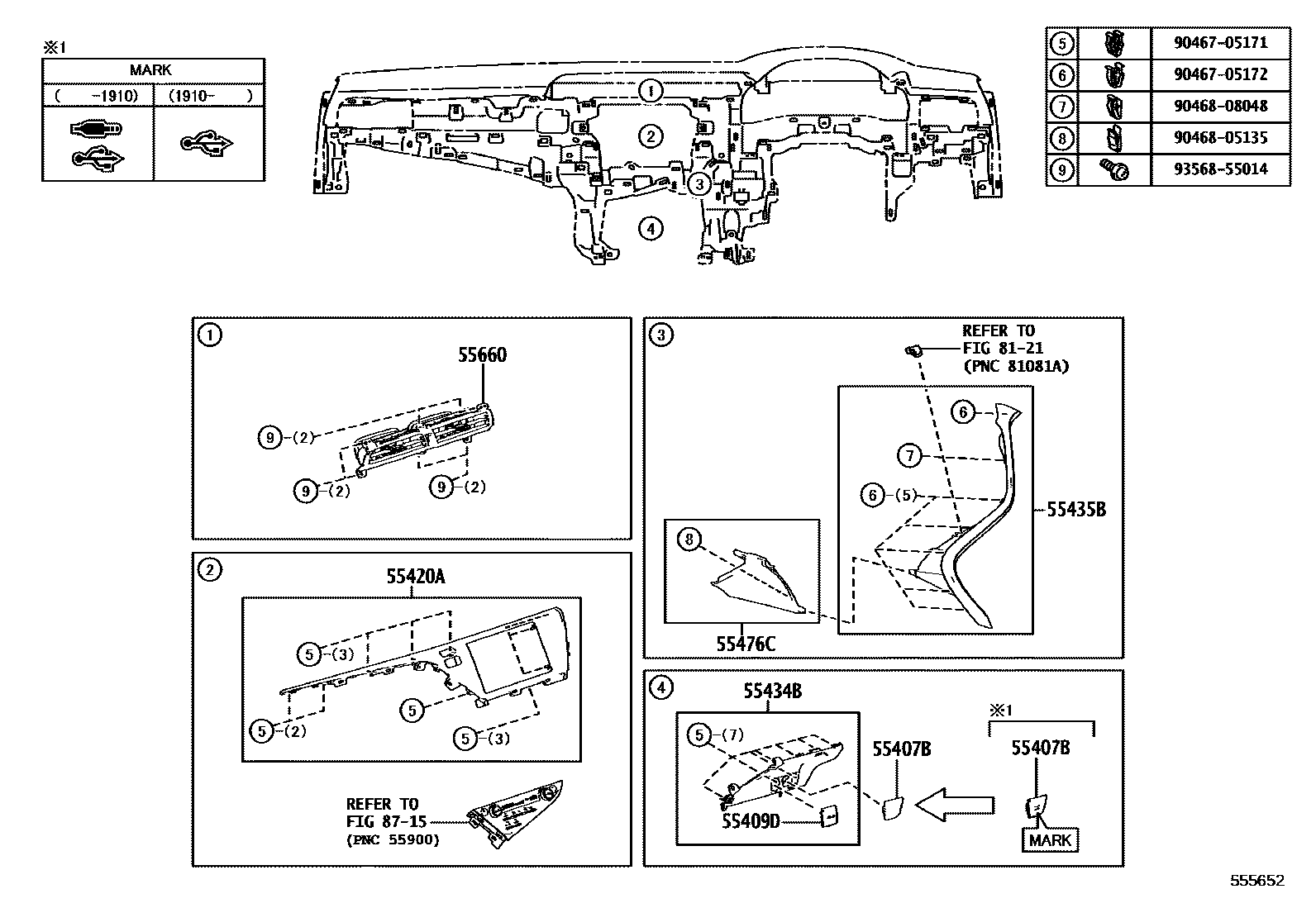 Toyota CAMRY 仪表板和手套箱 EPC diagram — 555652