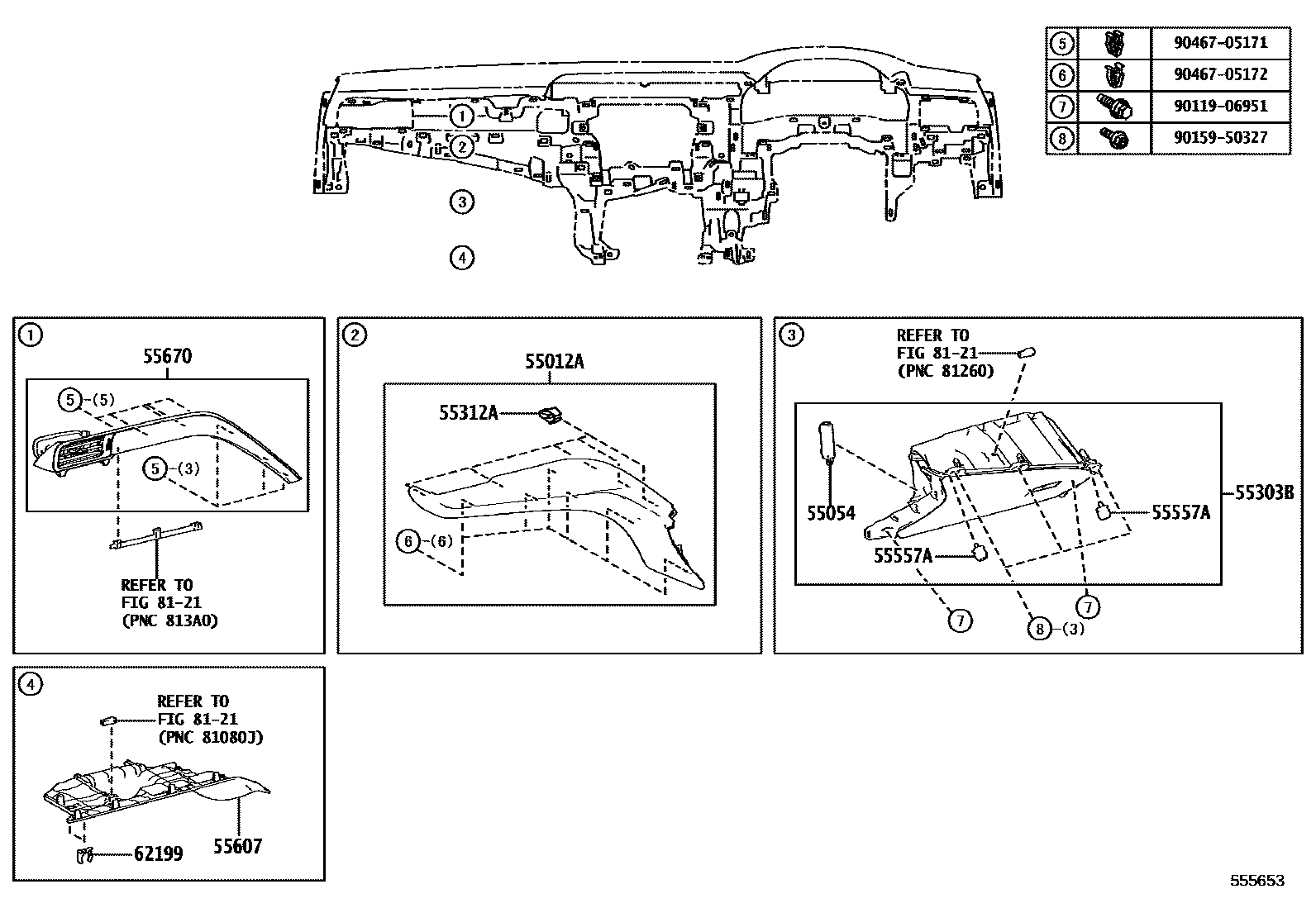 Toyota CAMRY 仪表板和手套箱 EPC diagram — 555653
