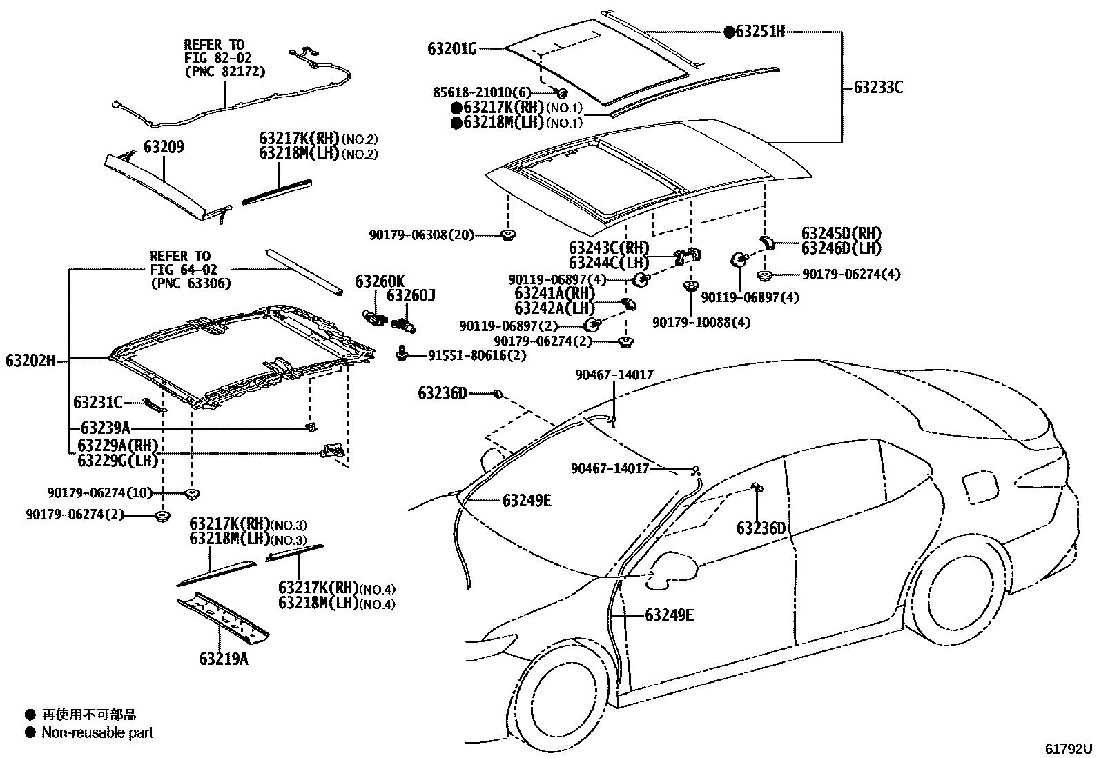 Toyota CAMRY 天窗板和背窗玻璃 EPC diagram — 61792U