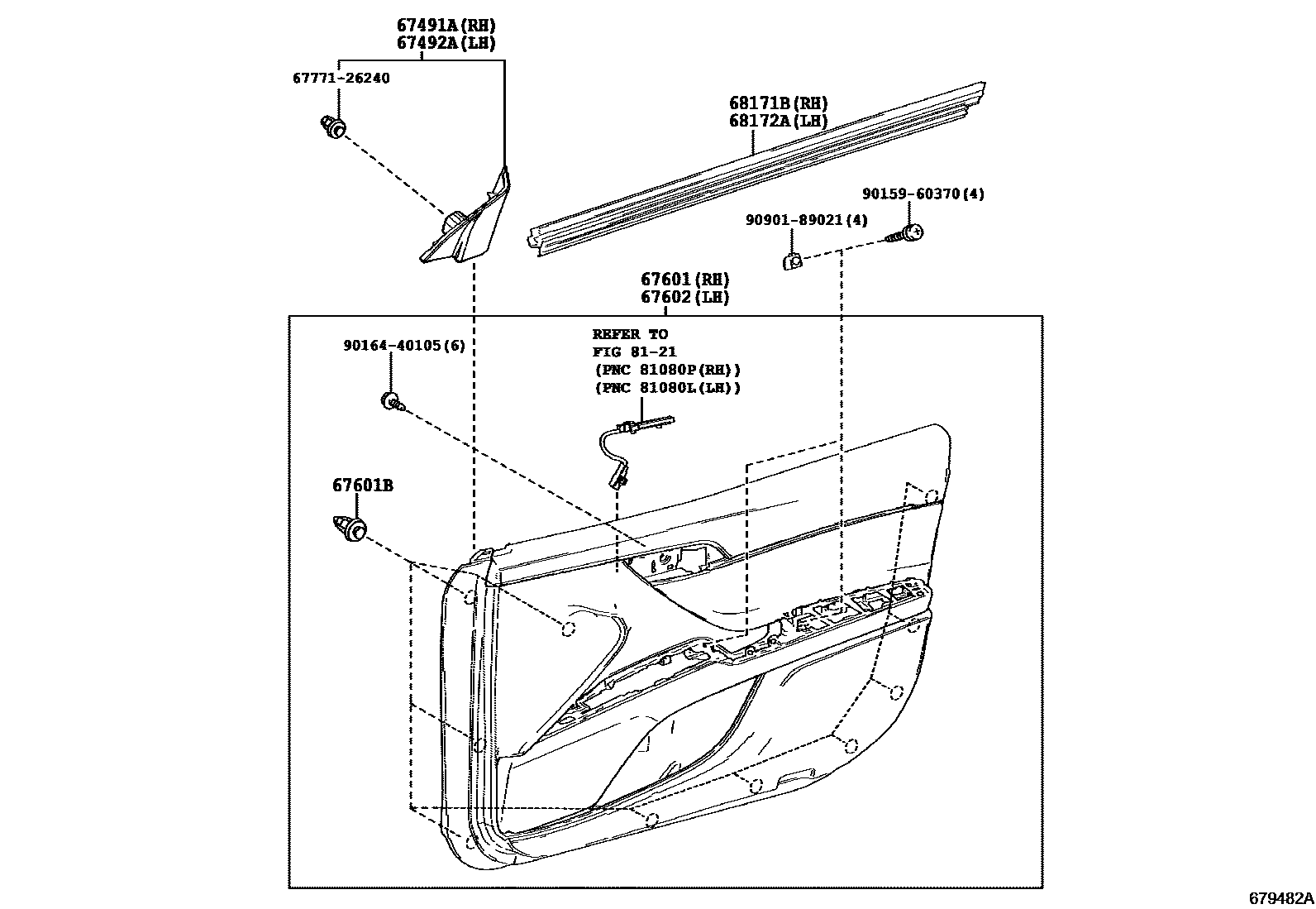 Toyota CAMRY 前门板和前门玻璃 EPC diagram — 679482A