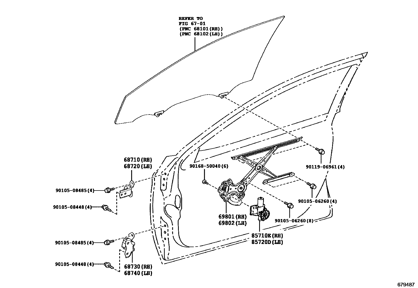 Toyota CAMRY 前门车窗升降器和合页 EPC diagram — 679487