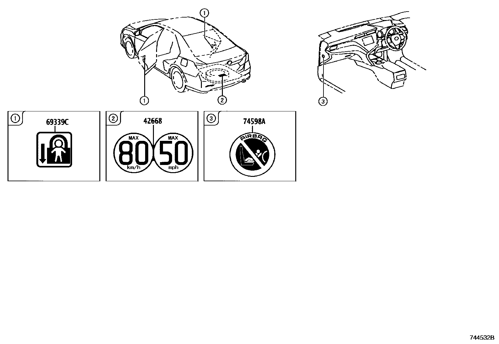 Toyota CAMRY 警示铭牌(车外和车内) EPC diagram — 744532B