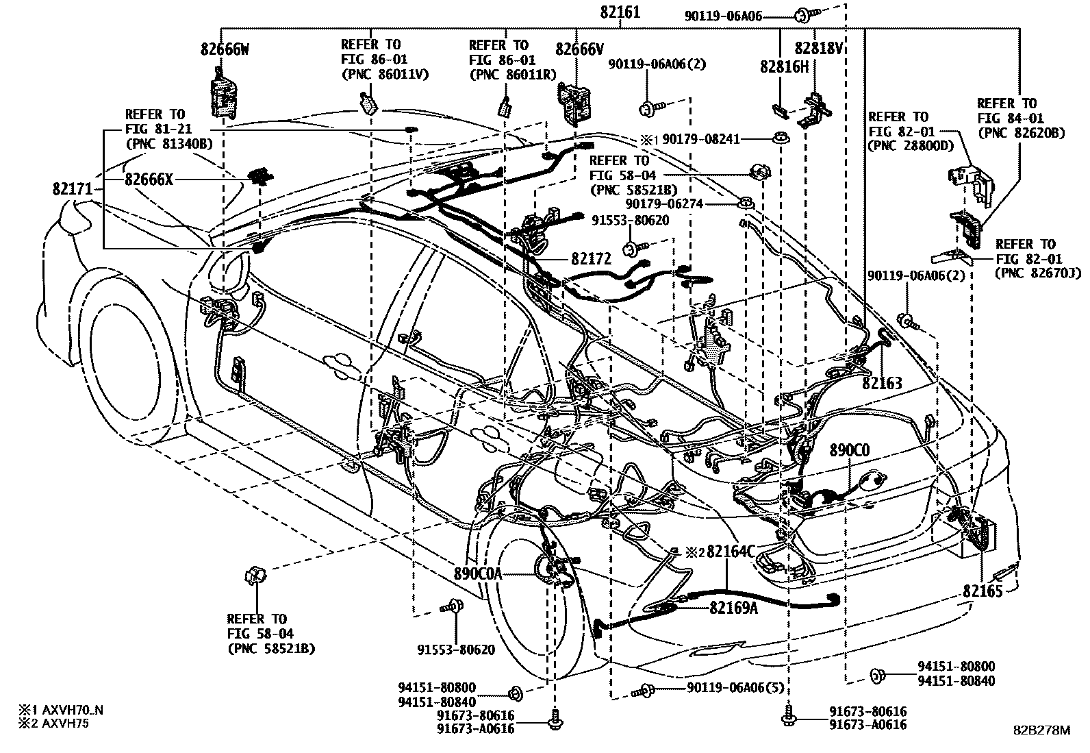 Toyota CAMRY 线束和卡夹 EPC diagram — 82B278M