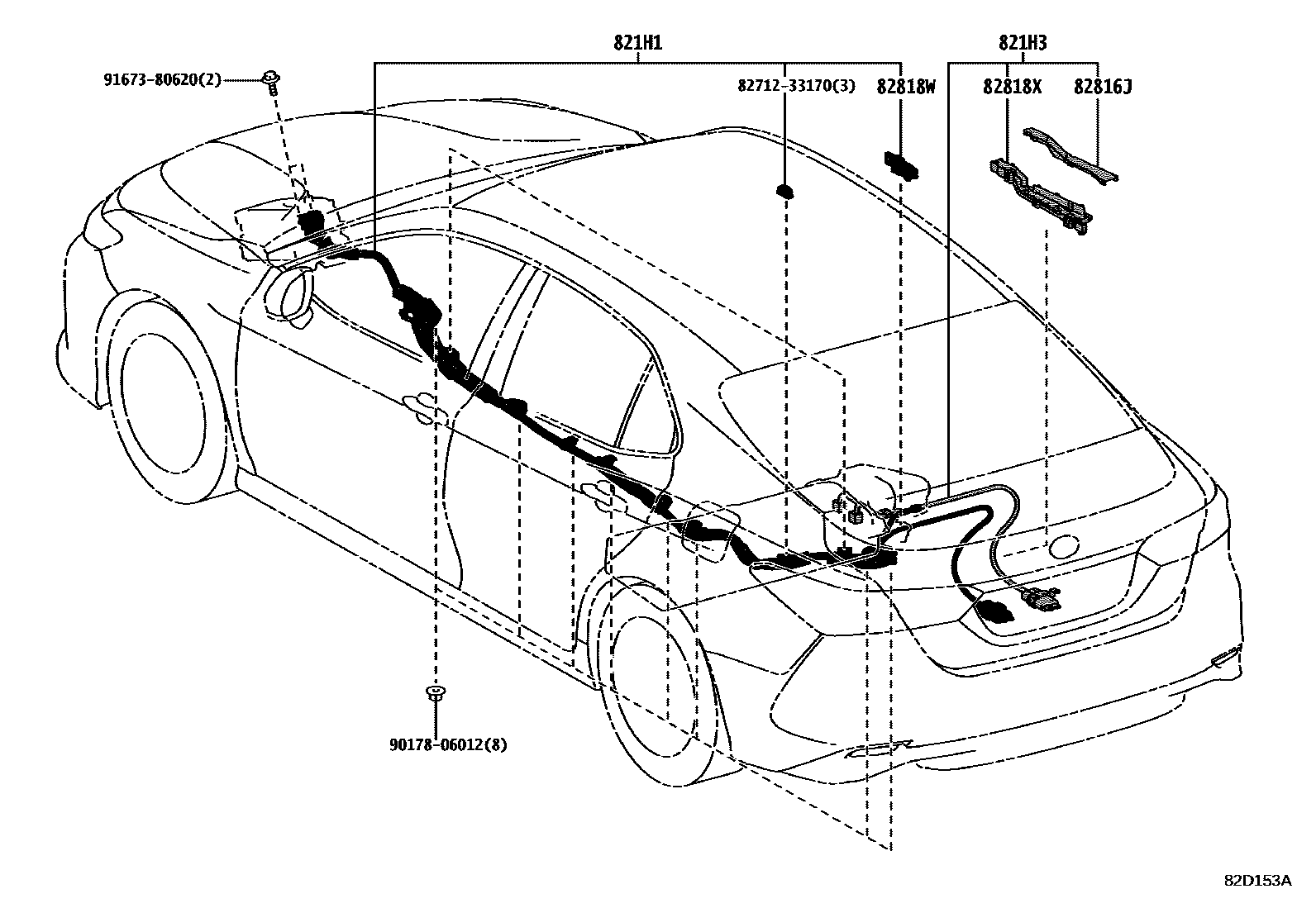 Toyota CAMRY 线束和卡夹 EPC diagram — 82D153A
