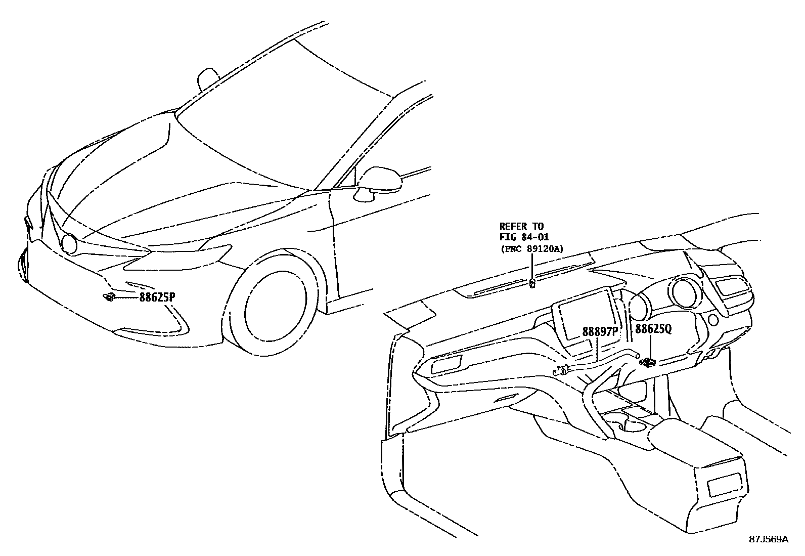 Toyota CAMRY 暖风和空调系统 - 控制器和风管 EPC diagram — 87J569A