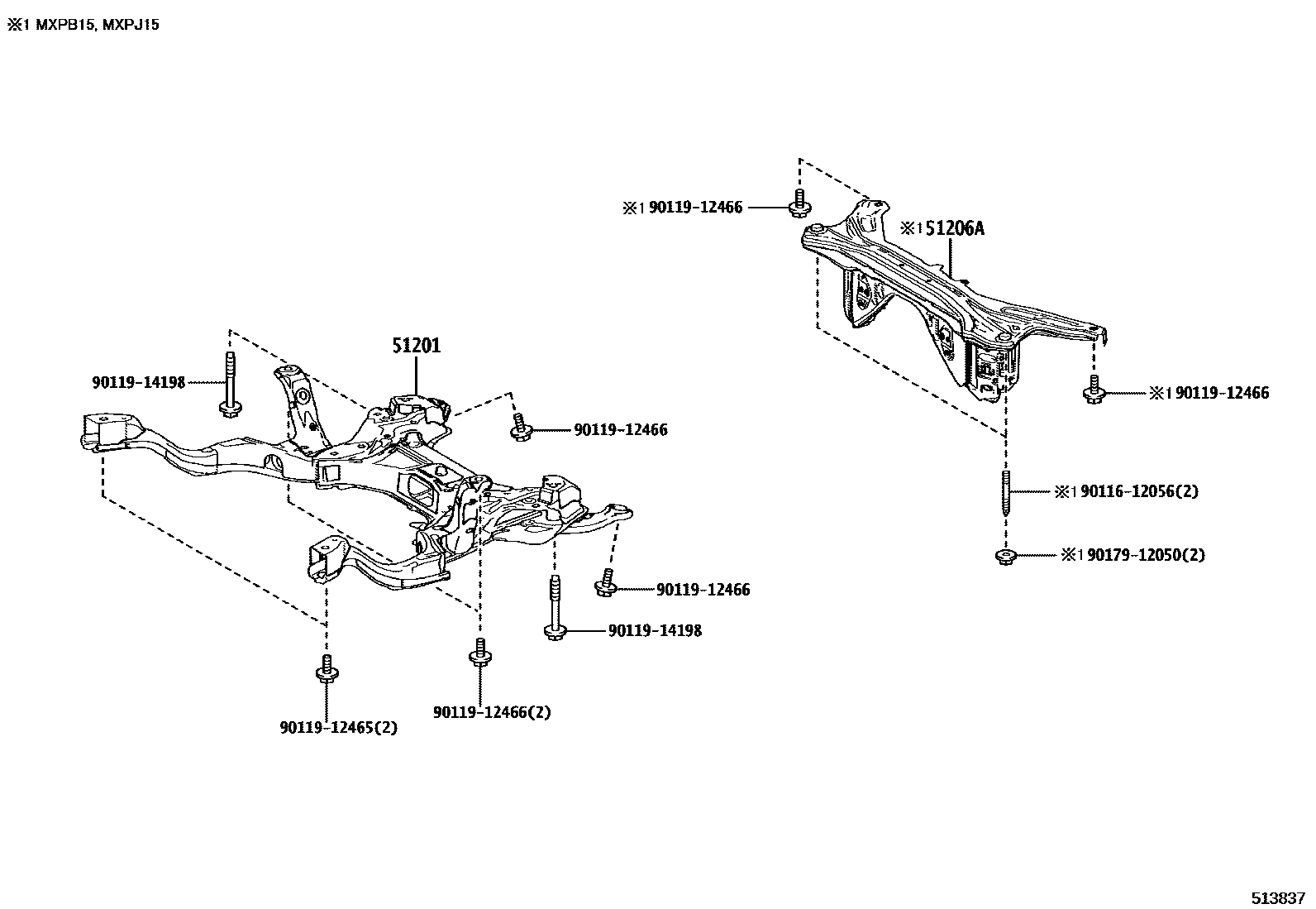 Toyota YARIS 悬架横梁和发动机底罩 EPC diagram — 513837
