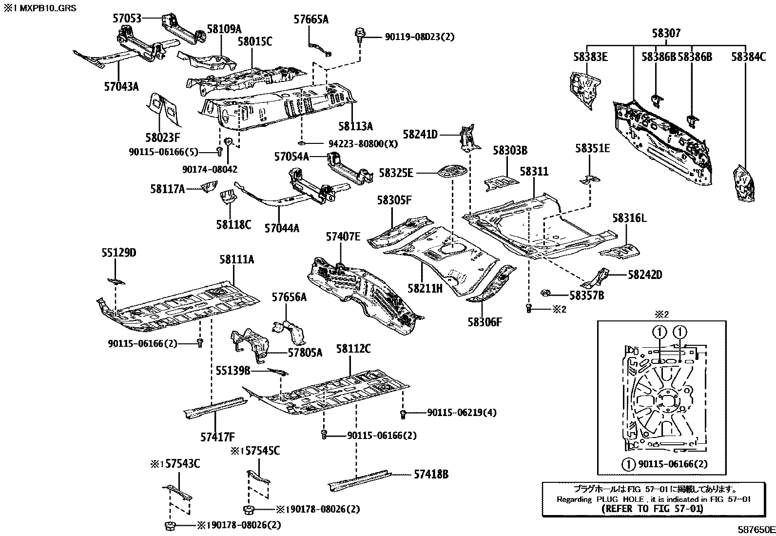 Toyota YARIS 浅盘形地板和车身下背板 EPC diagram — 587650E