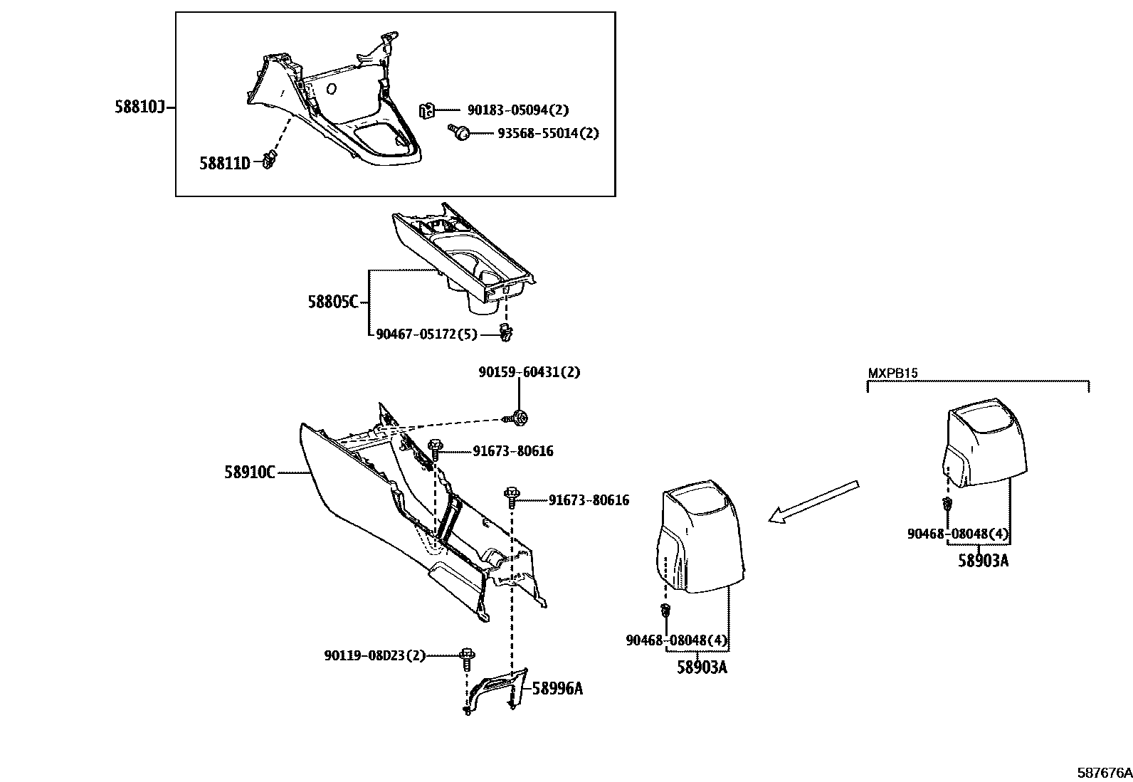 Toyota YARIS 中央扶手箱和支架 EPC diagram — 587676A