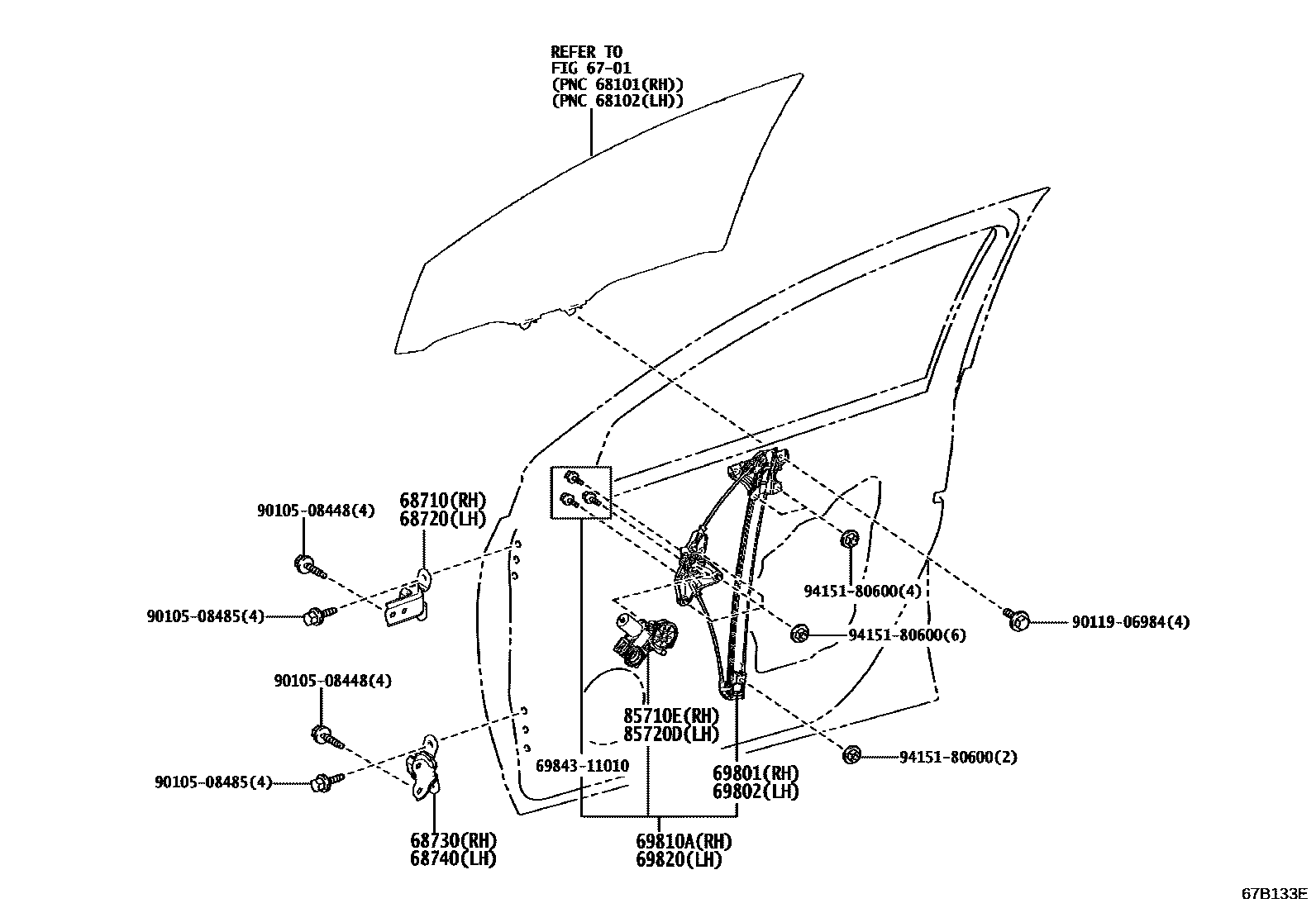 Toyota YARIS 前门车窗升降器和合页 EPC diagram — 67B133E