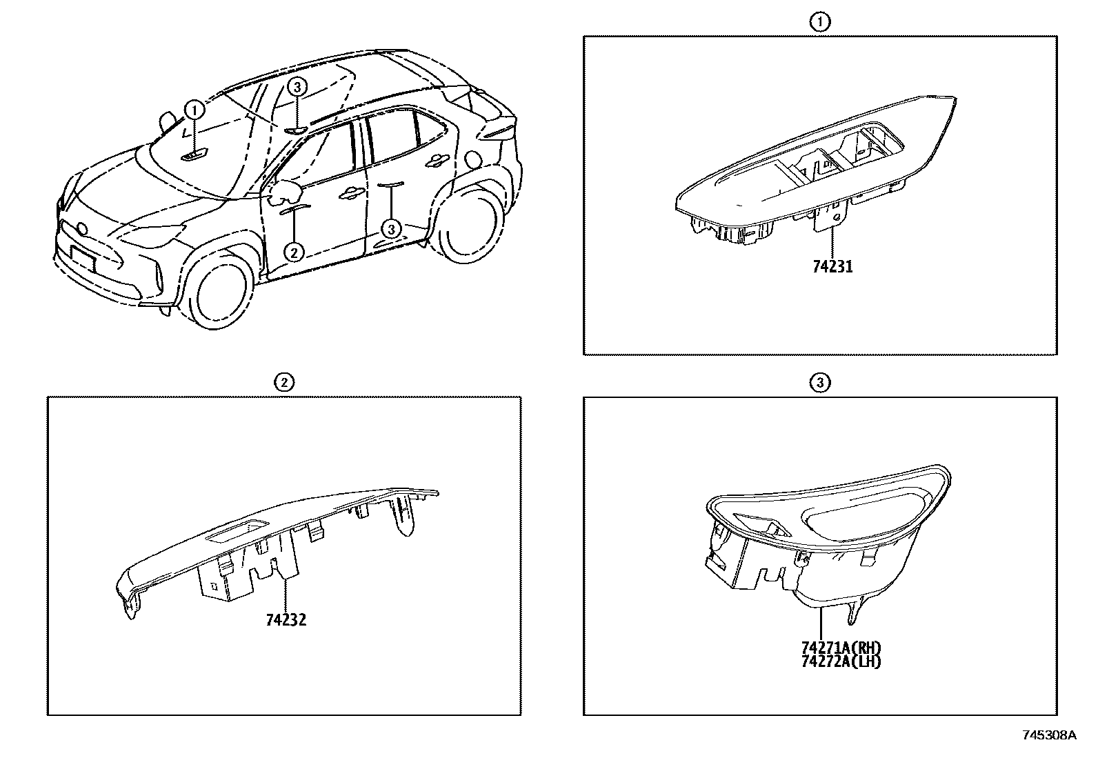 Toyota YARIS 扶手和遮阳板 EPC diagram — 745308A