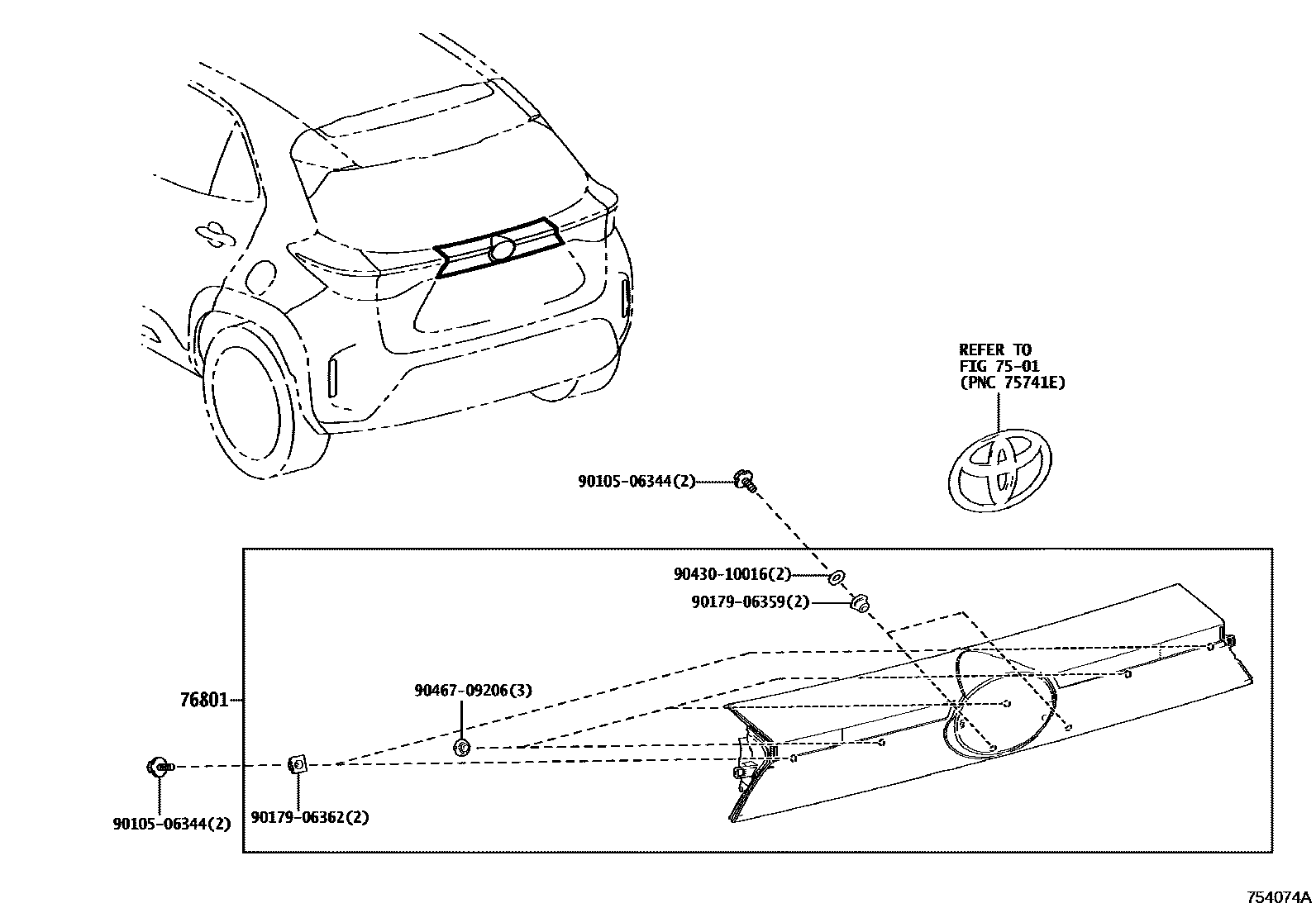Toyota YARIS 后防护条 EPC diagram — 754074A