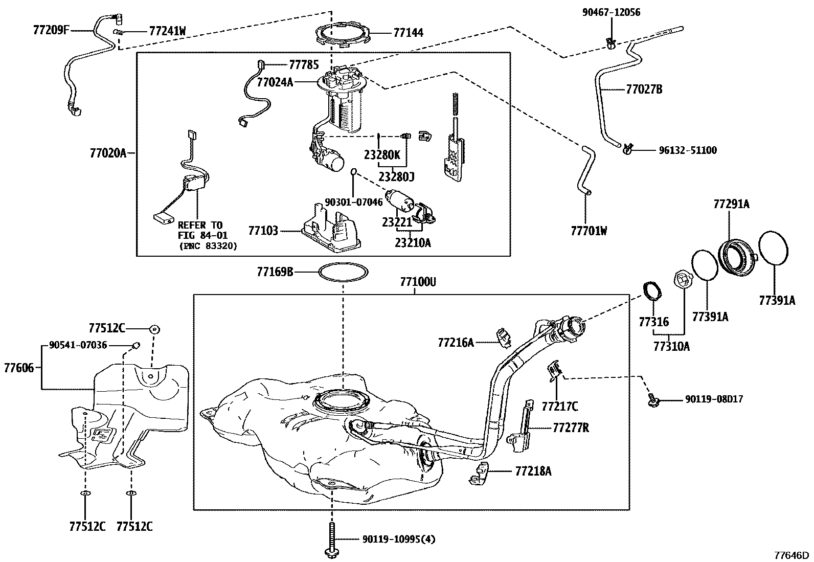 Toyota YARIS 燃油箱和燃油管 EPC diagram — 77646D