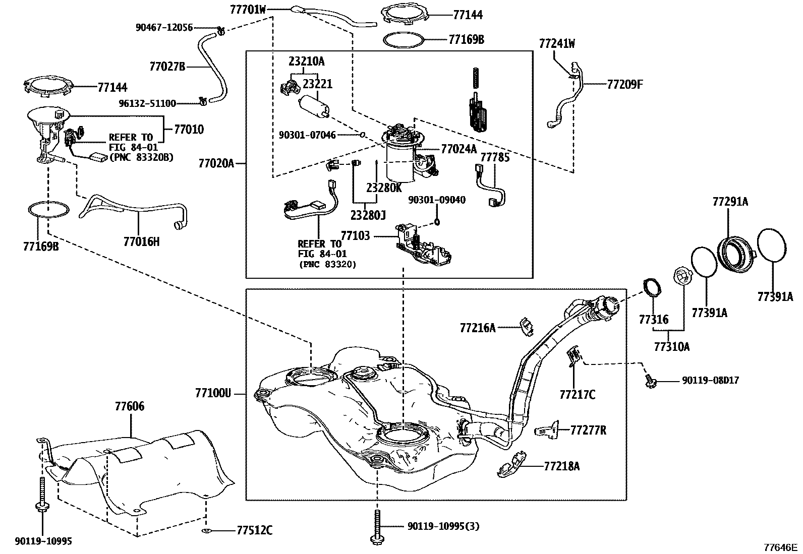 Toyota YARIS 燃油箱和燃油管 EPC diagram — 77646E